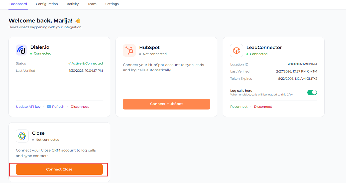 Dialer Sync Close CRM integration page