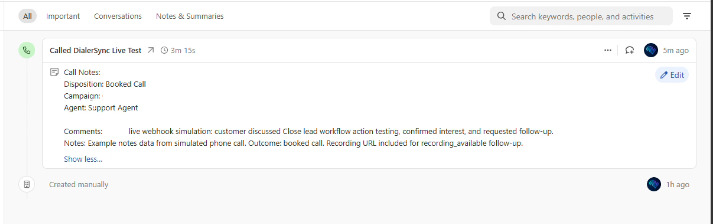Close call recording attached by Dialer Sync