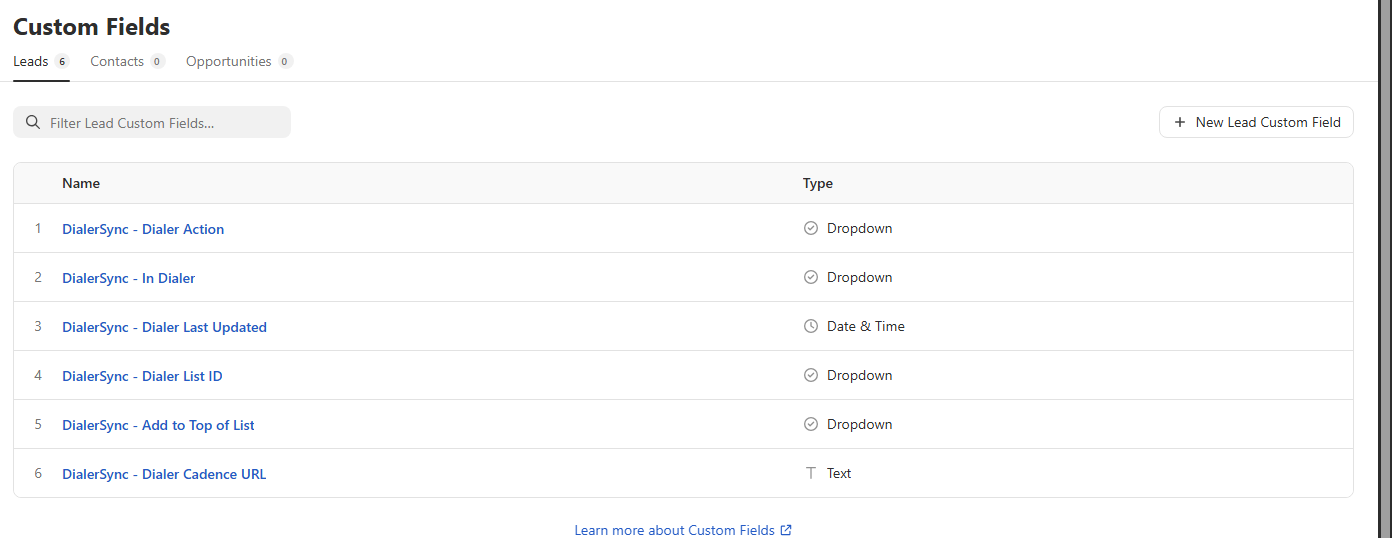 Close custom fields created by Dialer Sync