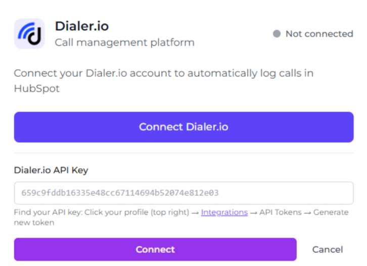 Dialer.io API token pasted in Dialer Sync