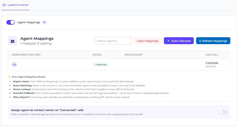 HighLevel agent mapping in Dialer Sync