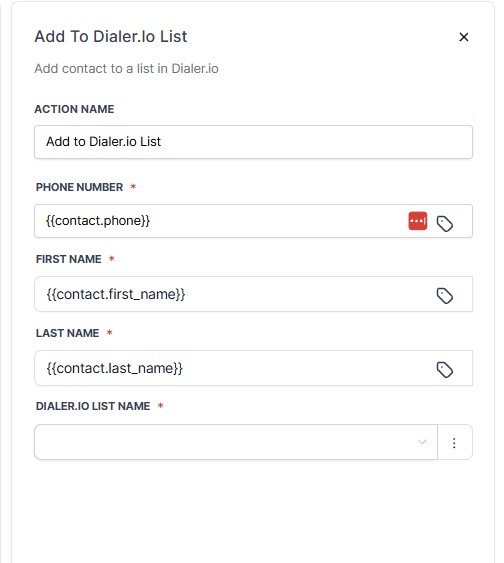 HighLevel workflow action to add contact to Dialer.io