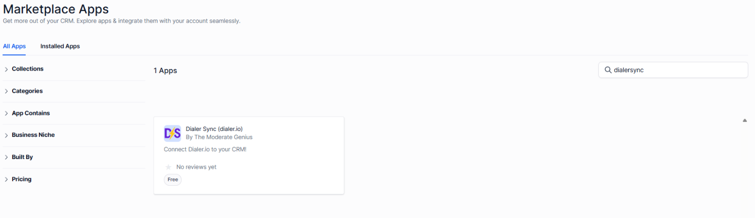 HighLevel marketplace search for DialerSync